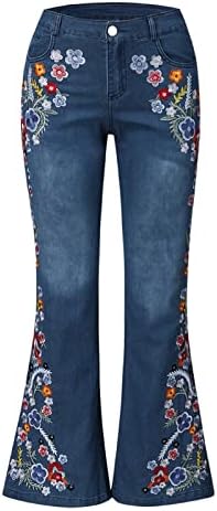 ג'ינס תחתון פעמון נשים 2022 אופנה מותניים גבוהים מכנסי ג'ינס פרחוניים רקומים אמצע מותניים ג'ינס התלקחות