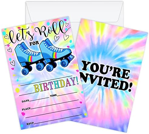 החלקה על גלגלת Axamdam כרטיסי הזמנה ליום הולדת, בואו לגלגל הזמנות למסיבת צבע עניבה לילדים, בנות, 20