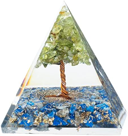 אורגונה לאפיס לזולי, שבעה צבעים פירמידה קריסטלית מלאה בעץ פרידוט לפירמידות שומר EMF ריפוי אבן אורגוניט