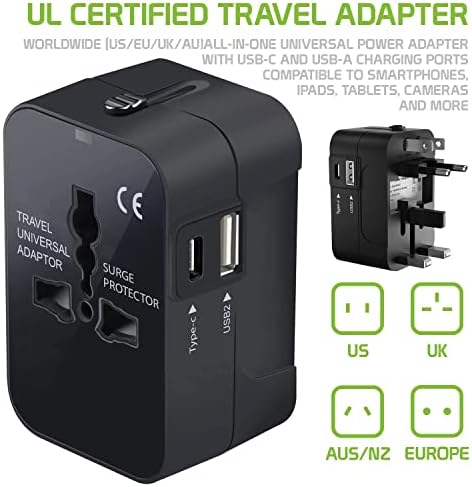 Travel USB פלוס מתאם כוח בינלאומי תואם ל- Alcatel 4010D עבור כוח עולמי לשלושה מכשירים USB Typec, USB-A