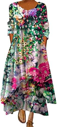 שמלות שותיות לנשים, שמלת בוהו לנשים קיץ 3/4 שרוול השמש שופע כפתור פרחוני צוואר שמלת מקסי עם כיסים