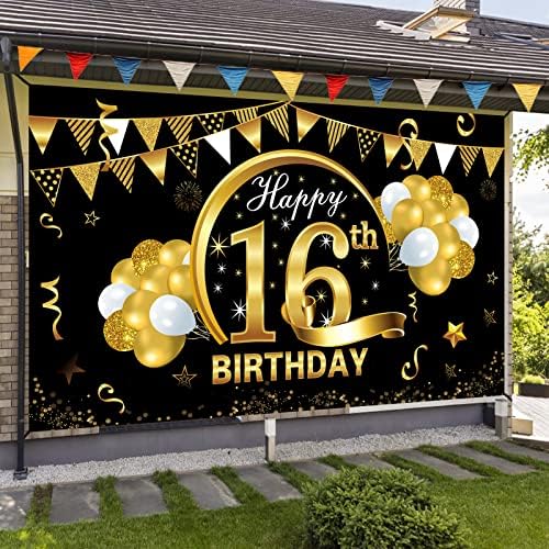 שמח 16 יום הולדת באנר רקע קישוטי עבור בני בנות, שחור זהב 16 יום הולדת סימן ספקי צד, גדול שש עשרה שנה
