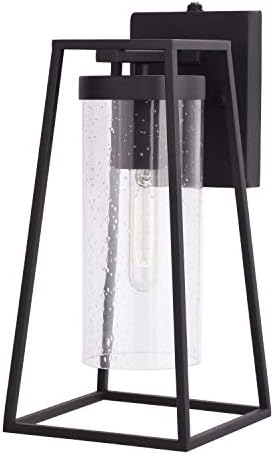 Vaxcel Nash 7.5-in שחור חיצוני פנס קיר מודרני, Dusk to Dawn Photocell, מנורה קיר קלה אחת עם זכוכית זרעים