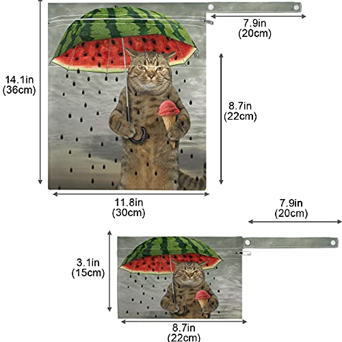 Visesunny וינטג 'חתול עם מטריית אבטיח חיה מצוירת 2 יחידים שקית רטובה עם כיסים עם רוכסן מרווח לשימוש