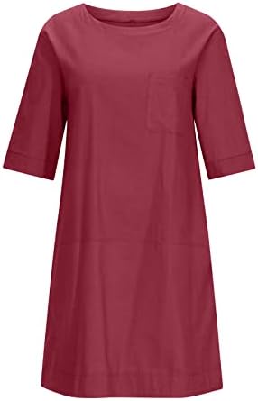 שמלת פשתן כותנה לנשים Tifzhadiao עם כיסים שמלות חולצה מזדמנים רופפות שמלות שרוול קצר צוואר עגול שמלת