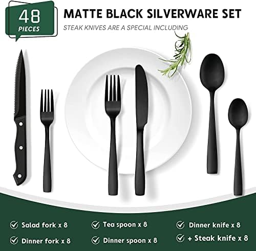 סט כלי כסף שחור מט 48 חלקים עם סכיני סטייק, סט כלי אוכל שחור ל-8, סט כלי שולחן מנירוסטה, ערכות כלים