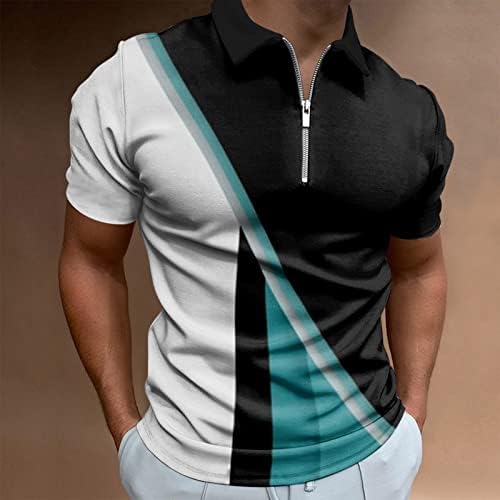 חולצות פולו לגברים, בגדי עבודה פס יצירתי 3 הדפסת חולצת רוכסן עם שרוולים קצרים לגברים