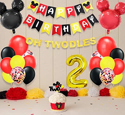 יום הולדת שני יום יום הולדת שני סטור עכבר קישוט נושא - הו טוודס באנר ומסיבת עוגת טופר ציוד אדום זהב