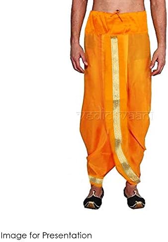 Vedic Vaani מסורתי מוכן ללבוש/Readymade בגודל חופשי תפור פוג'ה משי דוטי עם גבול ג'ארי מוזהב מפואר המשמש