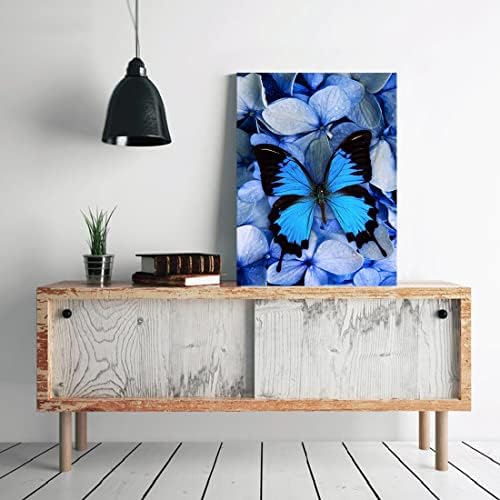 סגול אמנות פרפר פרפר קיר קיר פרפר כחול והדפס פרחים כחולים על בד, מתוח וממסגר, יצירות אמנות ממוסגרות