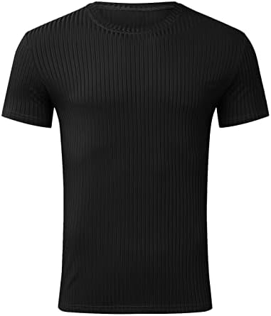 2023 חדש גברים של קיץ אנכי פס מוצק צבע עגול צוואר למתוח כושר כושר ריצה קצר שרוול חולצה