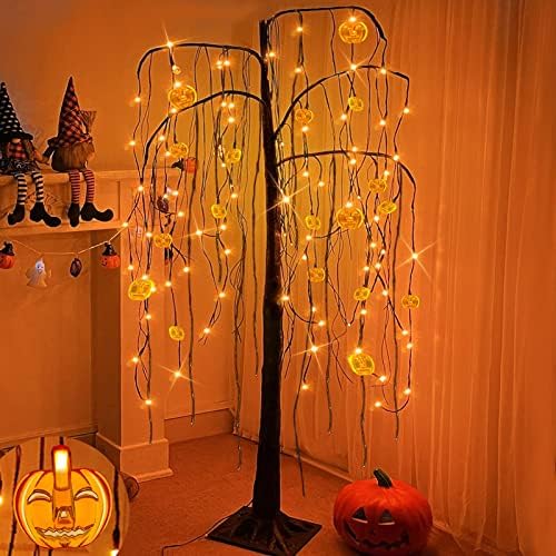 Turnmeon 5 ft Prelit Halloween Decor Willow Decor עם טיימר, 108 אורות LED ודלעת נוצצים עץ מלאכותי מפחיד,