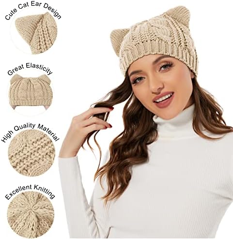 Zando CAT כובעי כפה של אוזן לנשים נערות נערות שעועיות חמודות לנשים סרוגות כפית חתול עם נשים כובע חורף