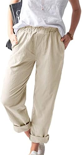 כותנה פשתן מכנסיים נשים קיץ מכנסי קז ' ואל עם כיסים רופף שרוך מוצק נמתח גבוהה מותן קומפי חוף מכנסיים