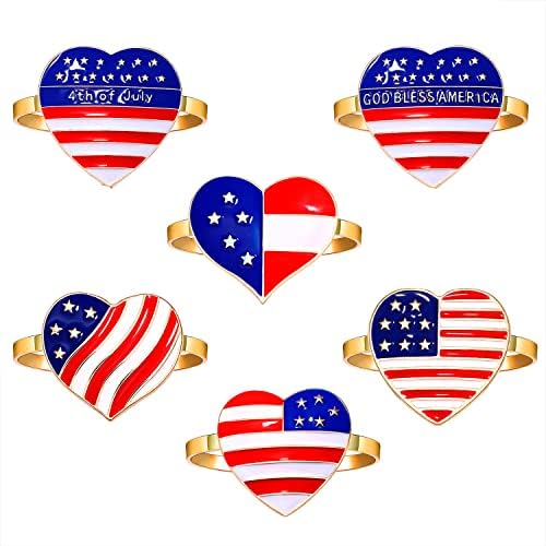 4 ביולי טבעות מפיות פטריוטיות סט של 6, יום העצמאות של אמייל אמריקה דגל דגל לב טבעות מפיות לב, מכתב ריינסטון
