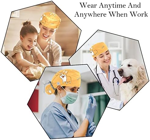 כובעים רפואיים לנשים עם כפתורים שיער ארוך, כובע עבודה מתכוונן 2 חלקים, Corgi Dog Multicored