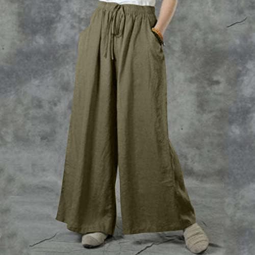 קיץ מזדמן כותנה פשתן מכנסיים לנשים כושר רופף ישר רגל מכנסיים גבוהה מותן ארוך מכנסיים עם כיסים קומפי