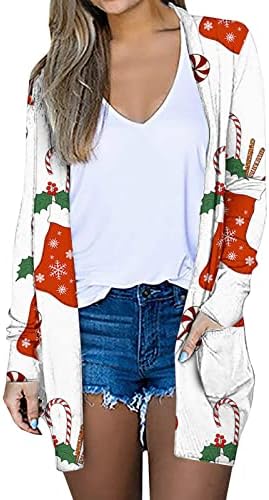נשים חג המולד קרדיגנים שרוול ארוך פתוח קדמי קרדיגן סוודרים לבגדי חוץ קלים משקל קלים עם כיסים