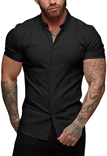 חולצות שמלת שריר של גברים אוררו חולצות דק מתאים למתיחה שרוול קצר כפתור מזדמן חולצות לגברים