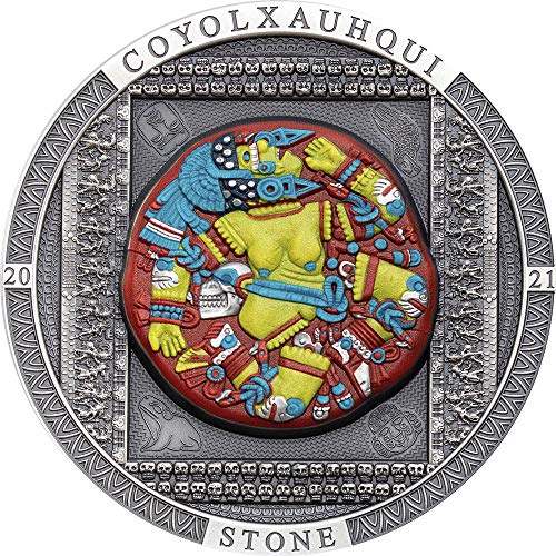 2021 דה ארכיאולוגיה סמליות PowerCoin Coyolxauhqui אבן צבעונית 3 עוז מטבע כסף 20 $ איי קוק 2021 גימור