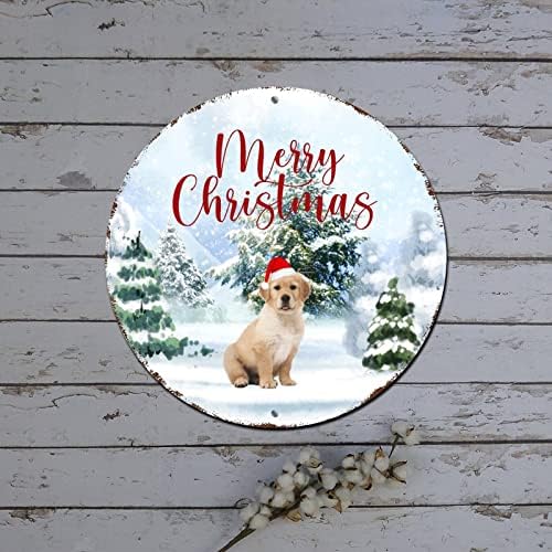 חג חג שמח שלט זר סצנת חורף כובע חג המולד כלב עגול מתכת פח שלט קיר חג המולד שלט אלומיניום וינטג