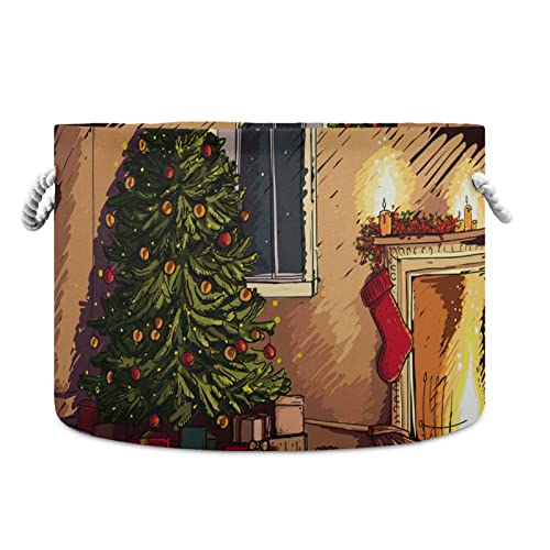 סצנת ערב חג המולד הנעימה של אלזה בפנים עם אח עץ חג המולד ומציגה סל אחסון סלסלות מתנה סל כביסה מתקפל