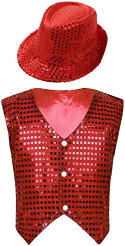 לויאן ילדים בנות בנות בנות פאייטים ז'קט אפוד היפ הופ ג'אז לטיני שלב שלב תלבושת עם כובע אדום 5-6 שנים