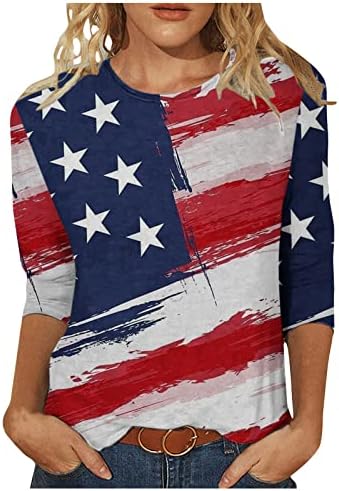 חולצות דגל אמריקאיות של נשים 4 ביולי חולצה פטריוטית ארהב כוכבים פסים 3/4 חולצת טריקו שרוול קיץ צוואר