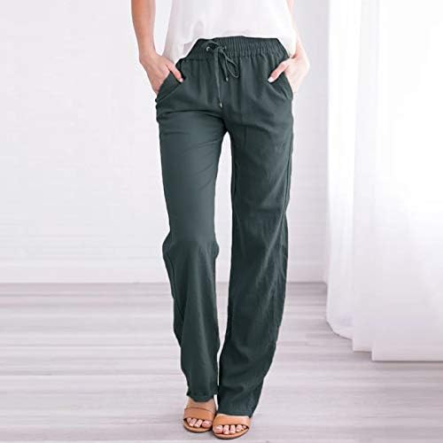 מקרית קיץ פשתן מכנסיים לנשים כושר רופף ישר רגל מכנסיים גבוהה מותן ארוך מכנסיים עם כיסים נוח מכנסיים