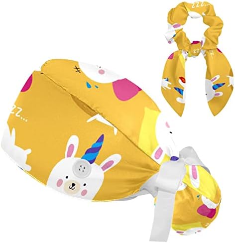 ארנב חד קרן צהוב כובע עבודה מתכוונן עם כפתורים/שיער קשת משופש עם רצועת זיעה רחיצה