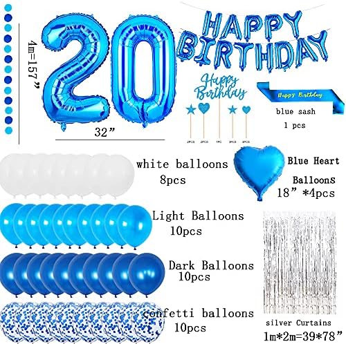 יוג'יאונלי קישוטים למסיבת יום הולדת 20 כחול יום הולדת שמח בלונים בלונים כחולים מספר 20 יום הולדת שמח