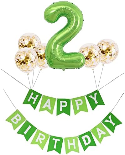 Tellpet ירוק מספר 2 בלון + באנר ליום הולדת שמח עם 5 יחשב בלוני קונפטי זהב, קישוטים ליום הולדת שמח