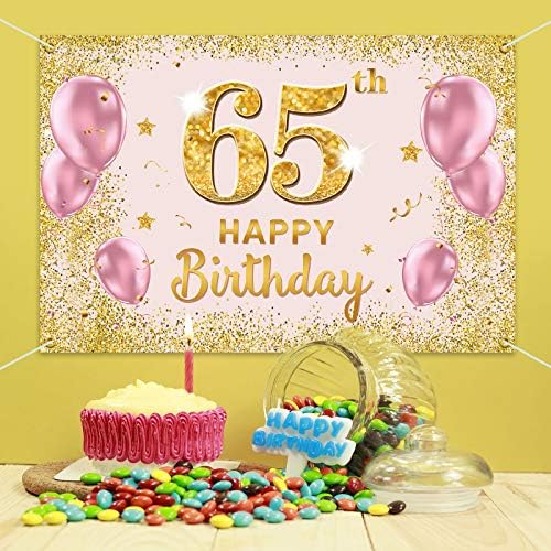 באנר רקע יום הולדת 65 שמח-65 אספקת קישוטים למסיבת יום הולדת לנשים-ורוד זהב 3.9 על 5.9 רגל