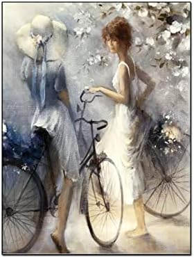 ציור שמן קיר אמנות אישה בשמלה לבנה רכיבה על פוסטר אופניים פוסטר אסתטי לחדר נשים בד אמנות פוסטר קיר אמנות