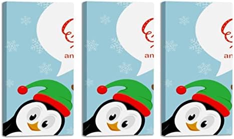 אמנות קיר לסלון, ציור שמן על בד פינגווינים גדולים וחמודים ממוסגרים עם כובע סנטה כובע שדוד ופידורי איור