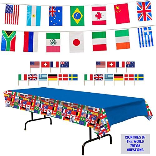 דגלים בינלאומיים קישוטים למסיבה-דגלים בינלאומיים כיסוי שולחן, 23 רגל דגל דגל באנר, דגלים קיסם, ומדינות