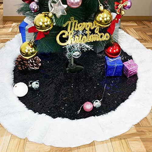 חצאית עץ חג המולד של Cmicho - קישוט חג מולד שמח חצאית עץ נצנצים שחורה 24 אינץ 'עם פרווה לבנה לקישוט