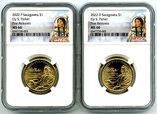 2022 P D Sacagawea Ely S. Parker $ 1 דולר תואם 2 מטבעות משחררים לראשונה NGC דולר NGC MS66