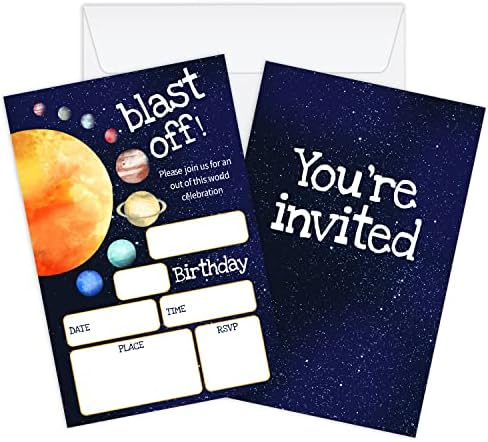 Axamdam פוצץ כרטיסי הזמנות ליום הולדת, הזמנות למסיבת החלל החיצונית לילדים נערים ונערות, 20 קלפים עם