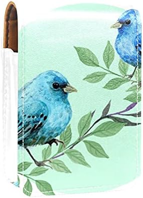כחול ציפורים דפוס קטן שפתון מקרה עם מראה עבור ארנק, עמיד עור קוסמטי איפור מחזיק, נייד נסיעות קוסמטי