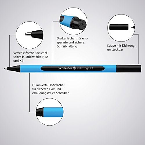 שניידר סליידר קצה XB עט כדורי, 1.4 ממ, חבית תכלת, צבעי דיו שונים, חבילה של 10 עטים