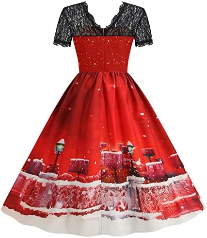 שמלה לנשים אלגנטי תחרה טלאים קצר שרוול גוזיות שמלות 1950 בציר חג המולד הדפסת ערב המפלגה שמלה