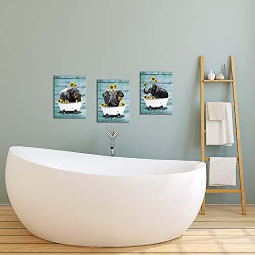 3 חתיכות פיל אמבטיה דקור קיר אמנות סט שחור ולבן חמוד פיל באמבטיה עם חמניות על מיוער רקע אפריקאי חיות