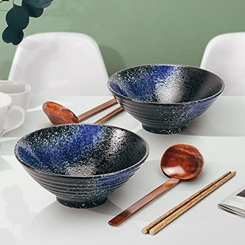 קערות ראמן של חרס סט של 2 - אידיאלי לסלט אטריות פסטה כלי אוכל קרמיקה קערה יפנית 2 × 1000 מל 34 גרם קיבולת