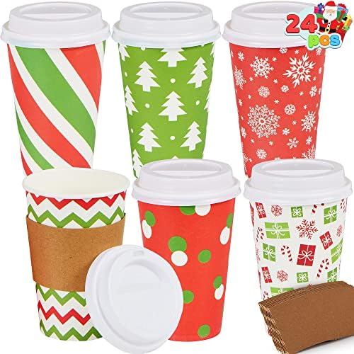 Joyin 24 PCS 16 גרם כוסות חד פעמיות לחג המולד עם מכסים ושרוולי כוס קפה לקישוטי שולחן חג חג המולד, ציוד