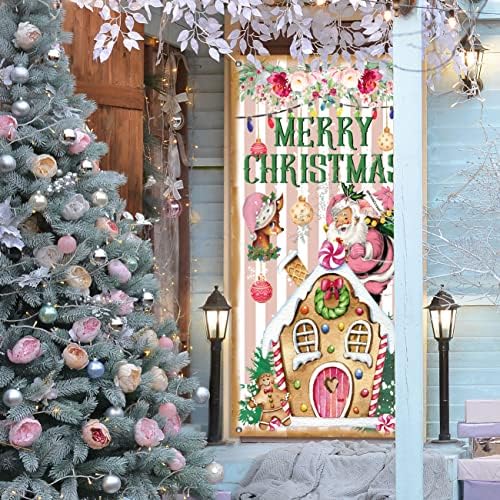 קישוטי דלת חג המולד וינטג 'גדול ורוד ורוד דלת חג מולד שמח כיסוי תפאורה סנטה קלאוס אייל ג'ינג'ר באנר