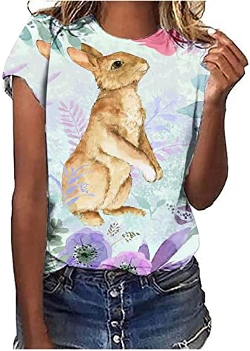 ארנב הנשים מודפס חולצת טריקו חמודה חג הפסחא שרוול קצר מזדמן צווארון צוואר רופף קאוואי 3D גרפיקה לילדות
