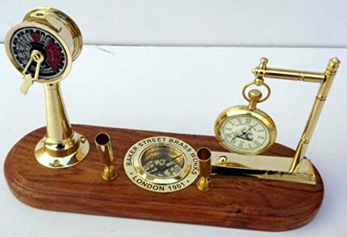 AK ימי פליז עתיק מחזיק עט פליז מצפן טלגרף עם עיצוב בסיס עץ שולחן שולחן שולחן עבודה שעון שולחן עבודה