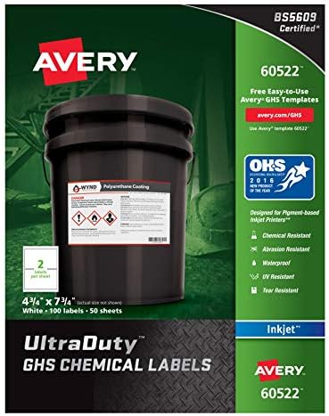 Avery Ultraduty GHS תוויות כימיות למדפסות דיו פיגמנטיות, עמיד למים, עמיד בפני UV, 4.8 x 7.8