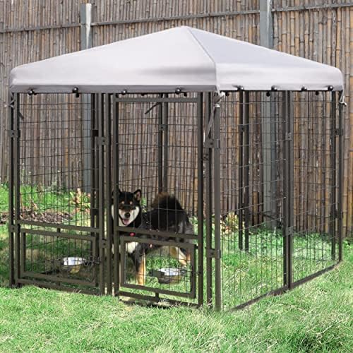 מלונה כלב Mupater חיצונית מקורה עם גג ודלתות האכלה מסתובבות, מארז עט כלבים מתכת גדול בית כבד עם חופה,